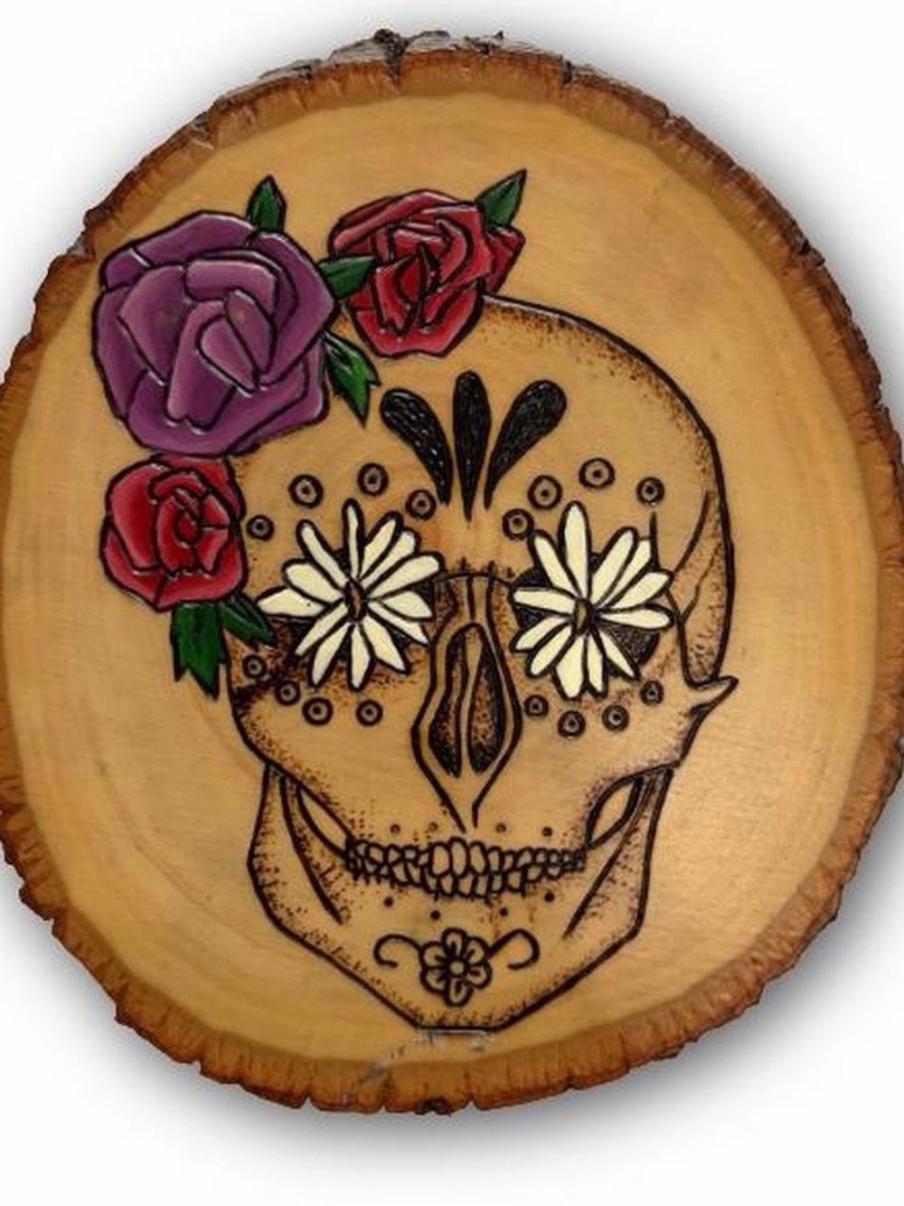 Hand-Painted and Burnt Sugar Skull Wood Slice with Floral Accents